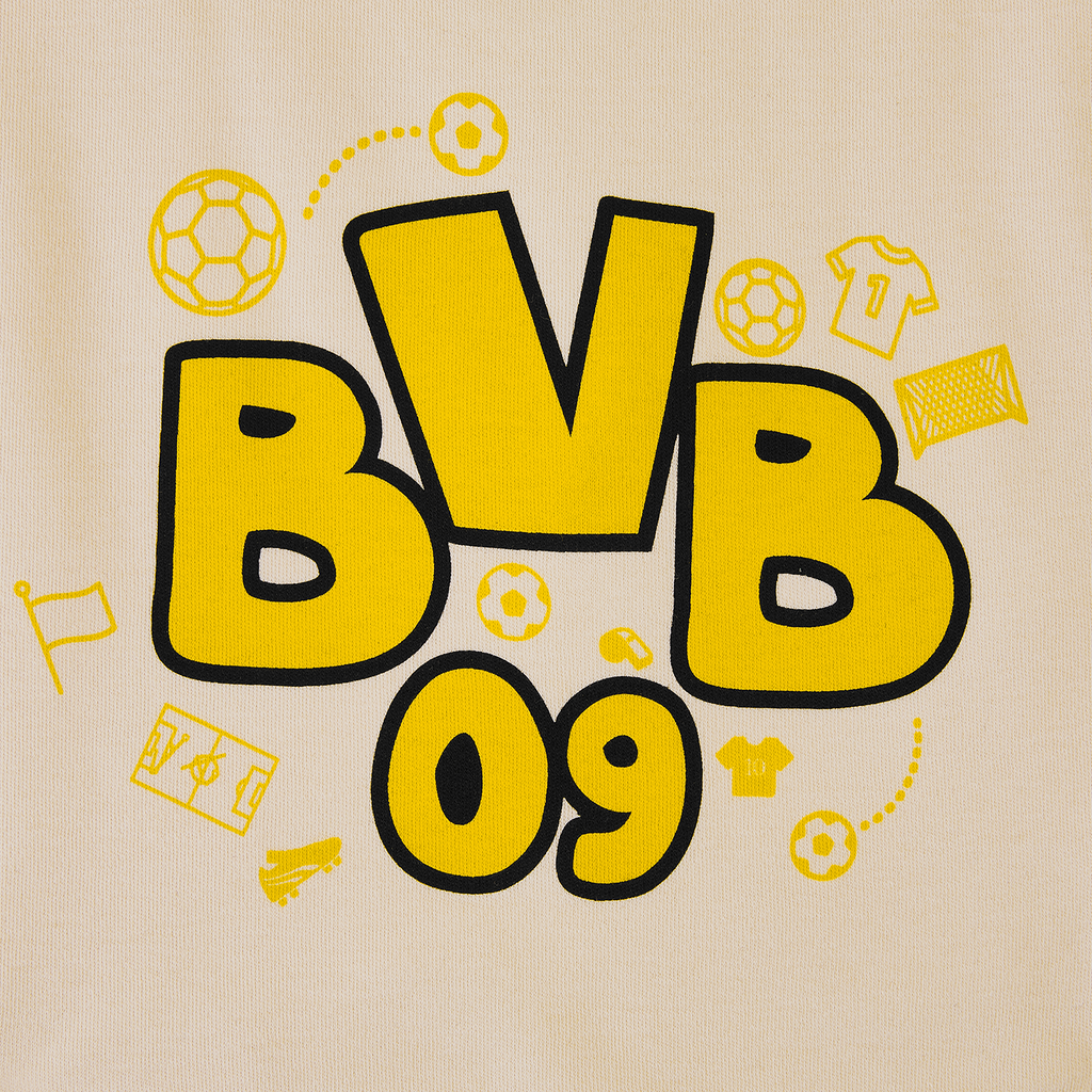 Black-and-yellow BVB baby bib set of 2 with a large BVB 09 logo and soccer motifs, perfect for little Borussia Dortmund fans.
