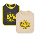 Set da 2 bavaglini del BVB nei colori nero-giallo e crema, con il logo BVB 09 e motivi calcistici, ideali per i piccoli tifosi del Borussia Dortmund.
