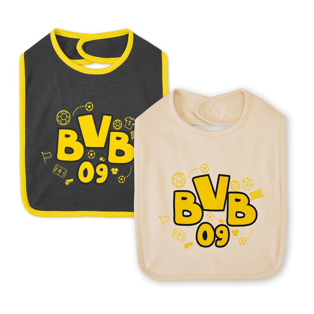 Set of 2 BVB bibs in black, yellow, and cream with the BVB 09 logo and soccer motifs—perfect for little Borussia Dortmund fans.