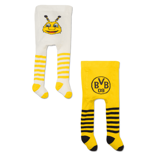 2er Set BVB Baby Strumpfhosen mit schwarzgelbem und gestreiftem Design, bestehend aus einer Strumpfhose mit BVB-Logo und einer mit EMMA-Motiv.