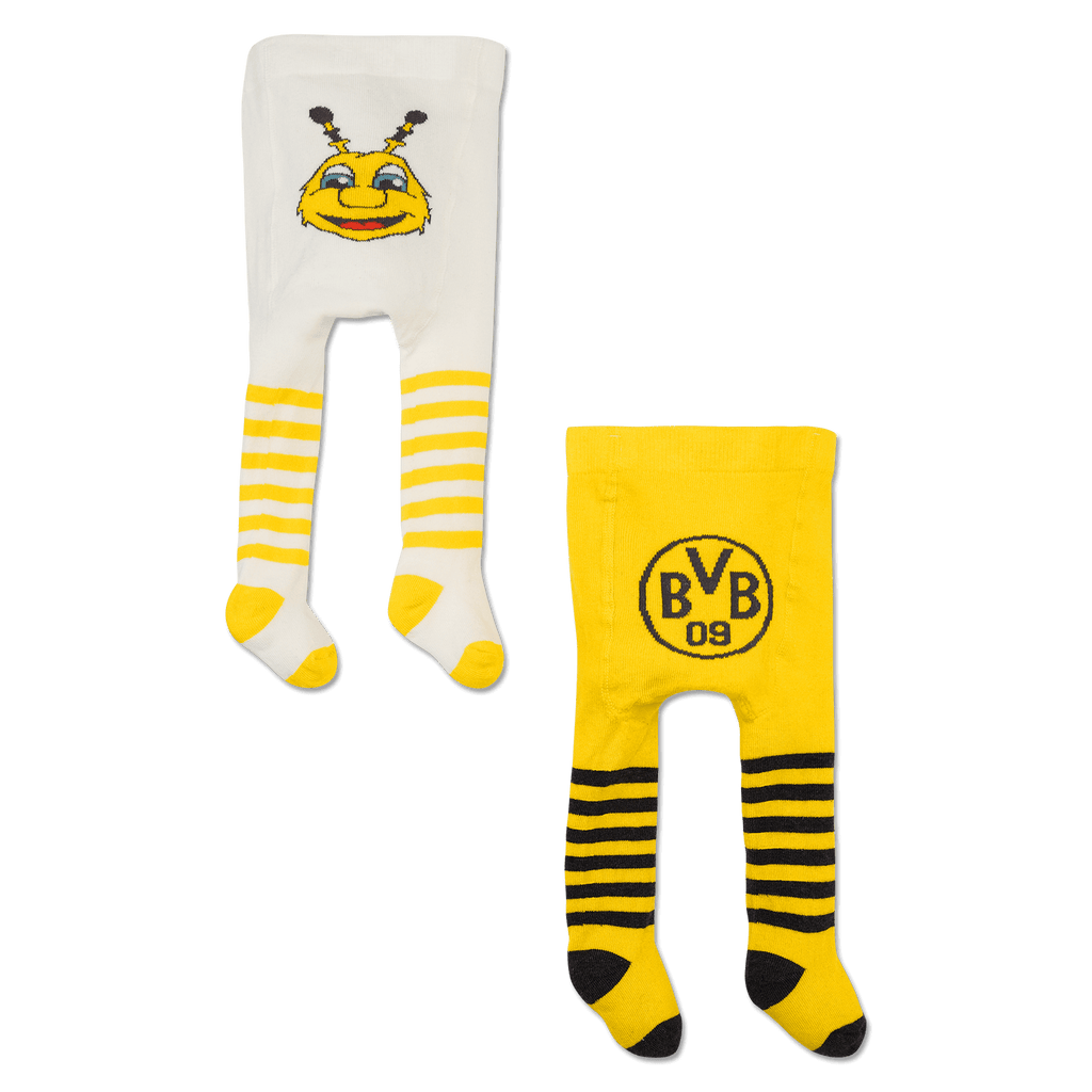 BVBのベビータイツ2枚セット。黒と黄色のデザインとストライプ柄のタイツ各1枚で、BVBのロゴが入ったタイツとEMMAのモチーフが入ったタイツが1枚ずつ含まれています。