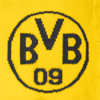 BVB 09のロゴが入った黄色のベビー用タイツのクローズアップ写真。ボルシア・ドルトムントの小さなファンにぴったりです。