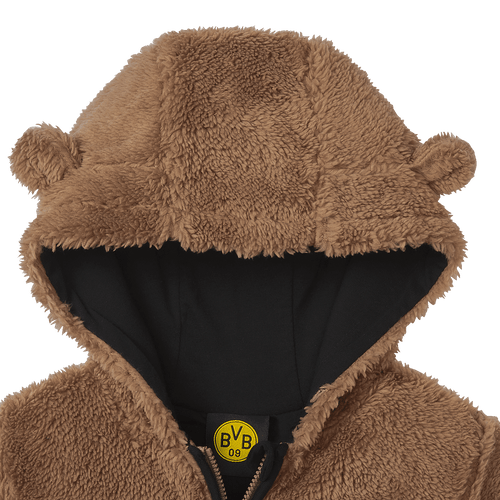Veste Teddy marron toute douce pour bébés et jeunes enfants, avec capuche et petites oreilles, logo BVB 09 sur le devant, idéale pour les petits fans du Borussia Dortmund.