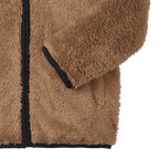 赤ちゃんや幼児向けの、ふわふわの茶色のBVBテディジャケット。黒いファスナーとディテールが特徴です。