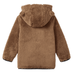 Vista trasera de una suave chaqueta marrón con capucha para bebés y niños pequeños del BVB, con orejas de oso. Una prenda de aficionado muy mullida para los más pequeños del Borussia Dortmund.