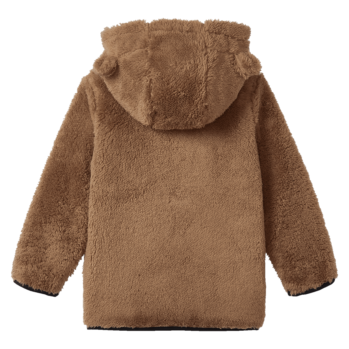 Vista trasera de una suave chaqueta marrón con capucha para bebés y niños pequeños del BVB, con orejas de oso. Una prenda de aficionado muy mullida para los más pequeños del Borussia Dortmund.