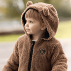 Chaqueta marrón de peluche del BVB para bebés y niños pequeños, con capucha con orejas de oso y el logotipo del BVB 09, ideal para los pequeños aficionados.