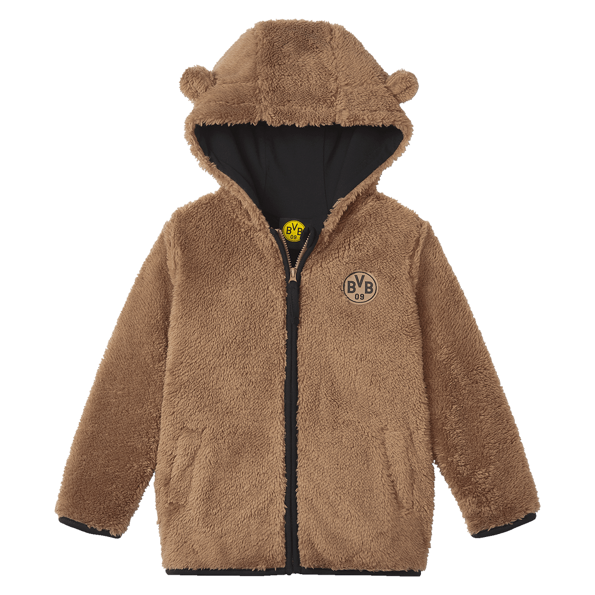 Braune BVB Baby-Kleinkinder-Teddyjacke mit Kapuze, Bärenohren und BVB-Logo auf der Brust, perfekt für kleine Fans.