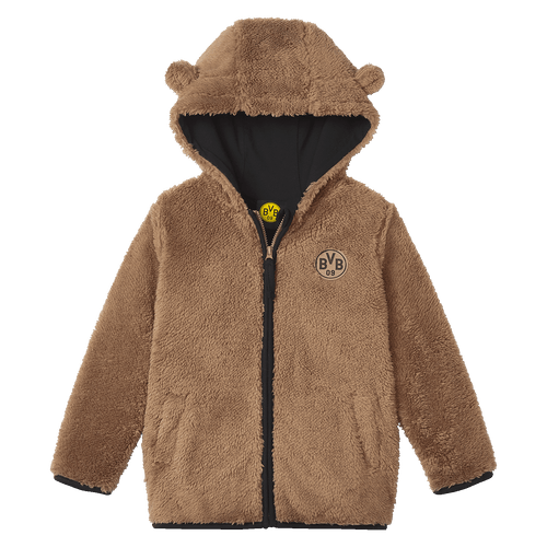 Veste marron BVB pour bébés et tout-petits, à capuche, avec des oreilles d'ours et le logo BVB sur la poitrine, idéale pour les petits supporters.