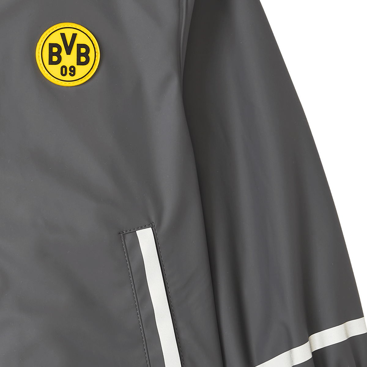 Giacca impermeabile del BVB grigio scuro per neonati e bambini piccoli, con un vistoso stemma giallo del BVB 09 e strisce decorative bianche.