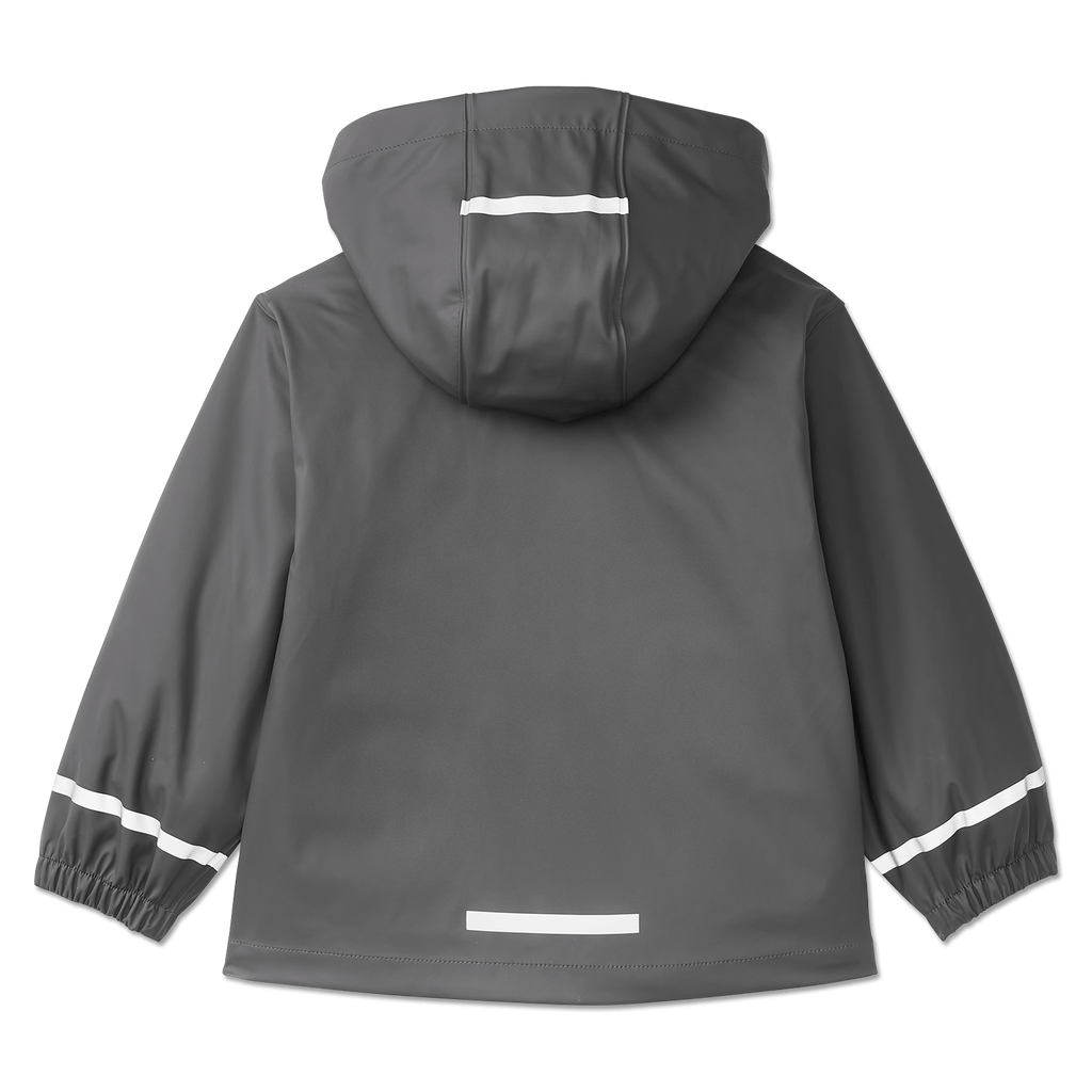 La giacca impermeabile del BVB per bambini, di colore grigio, con cappuccio e strisce riflettenti, ideale per i giorni di pioggia.