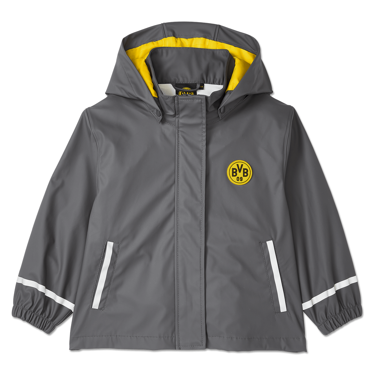 Giacca impermeabile grigia del BVB per neonati e bambini piccoli, con fodera gialla e logo del BVB sul petto. Perfetta per i piccoli tifosi del Borussia Dortmund.