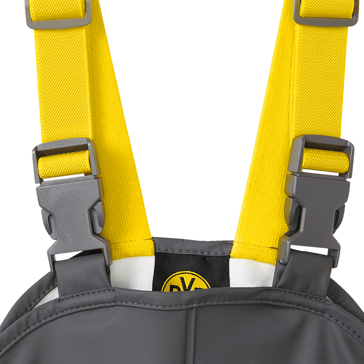 BVB-Regenhose für Baby-Kleinkinder mit gelben Trägern, grauem Design und BVB-Logo, ideal für schlechtes Wetter.