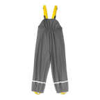 Pantalon de pluie gris du BVB pour bébés et jeunes enfants, avec des bretelles jaunes, des ourlets élastiques et des bandes réfléchissantes pour plus de sécurité.