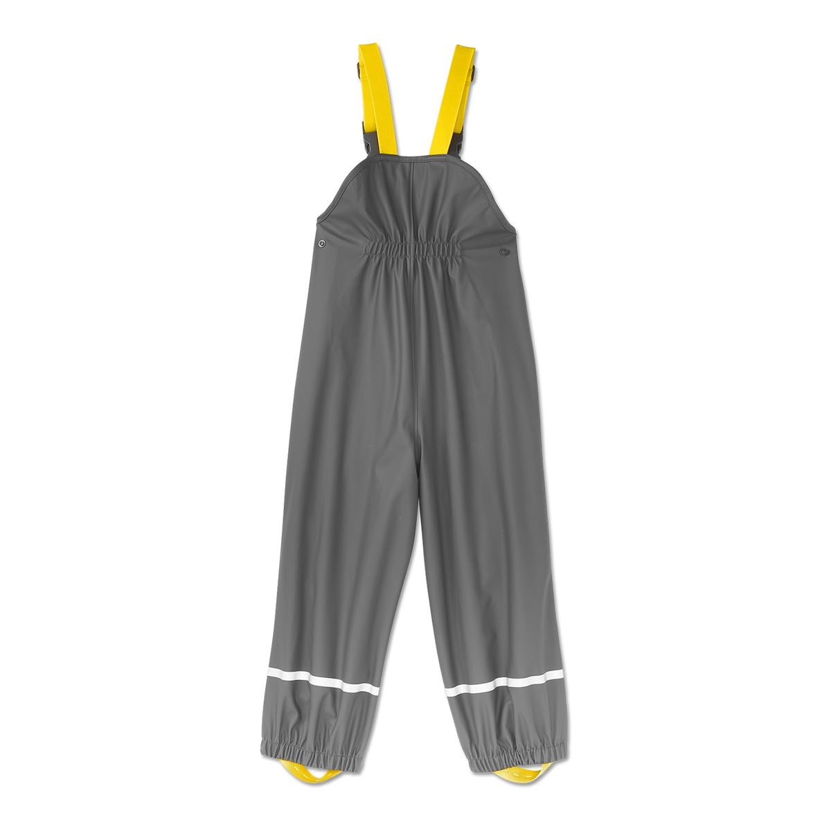 Pantalon de pluie gris du BVB pour bébés et jeunes enfants, avec des bretelles jaunes, des ourlets élastiques et des bandes réfléchissantes pour plus de sécurité.