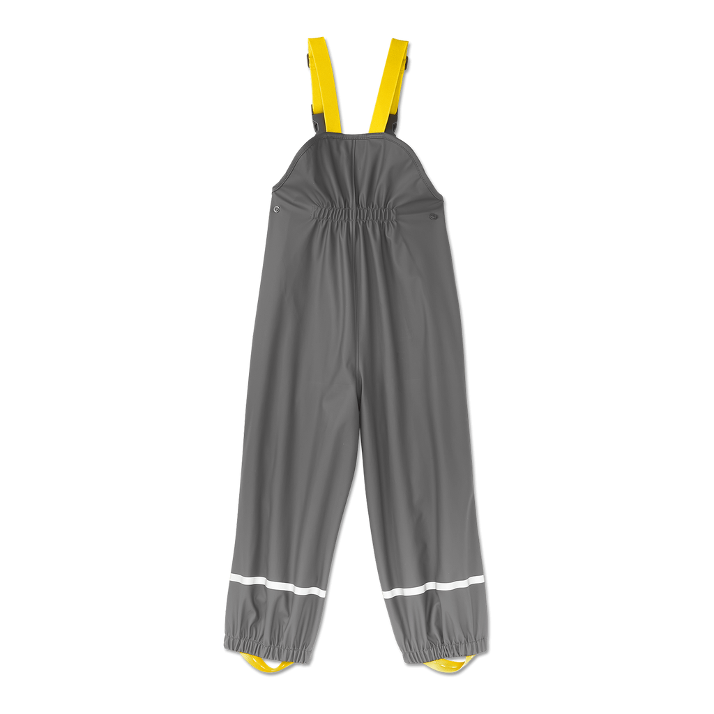 Pantalones impermeables grises del BVB para bebés y niños pequeños, con tirantes amarillos, puños elásticos y bandas reflectantes para mayor seguridad.