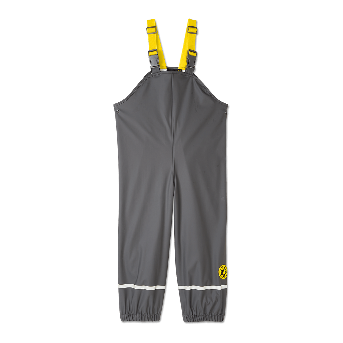 Graue Regenhose für Baby-Kleinkinder mit gelbem BVB-Logo, elastischem Bund, verstellbaren Gummiträgern und reflektierendem Streifen.