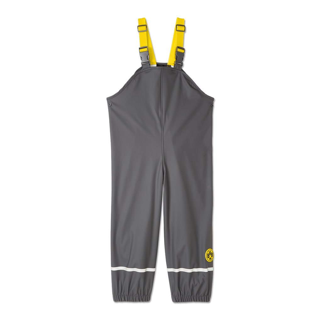 Pantalon de pluie gris pour bébés et jeunes enfants, avec logo BVB jaune, taille élastiquée, bretelles élastiques réglables et bande réfléchissante.