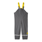 Pantalon de pluie gris pour bébés et jeunes enfants, avec logo BVB jaune, taille élastiquée, bretelles élastiques réglables et bande réfléchissante.