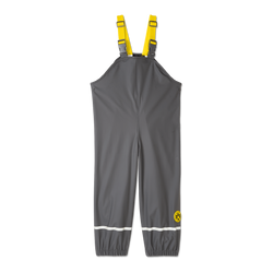 Gray rain pants for babies and toddlers with a yellow BVB logo, an elastic waistband, adjustable elastic straps, and a reflective stripe.