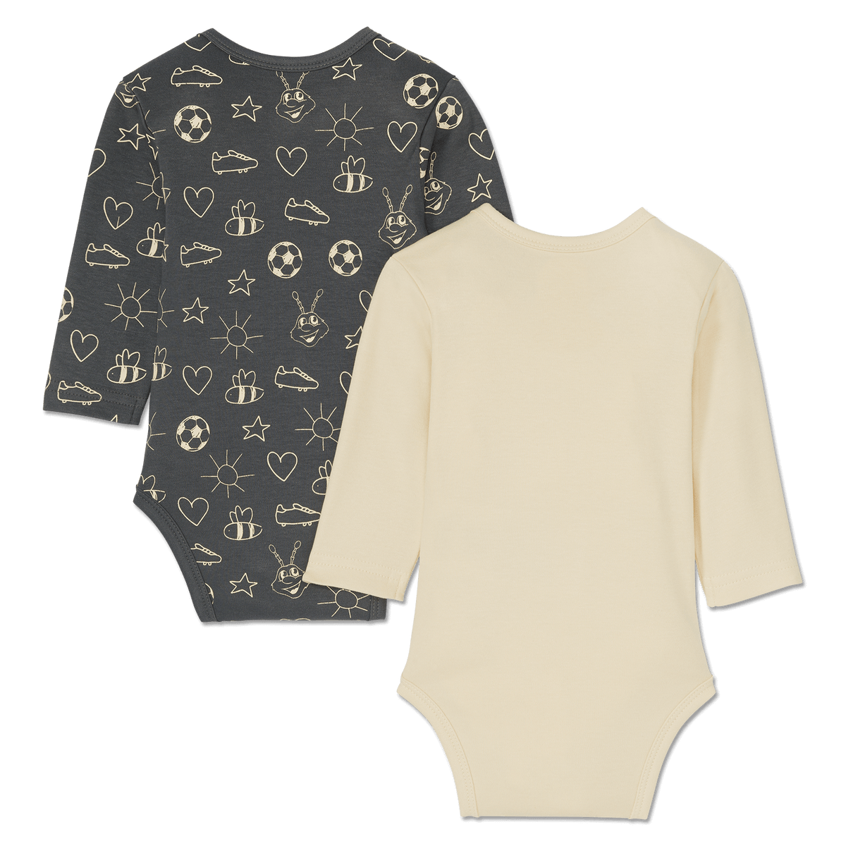 BVB Baby Body-Set bestehend aus zwei langärmeligen Bodys, ein unifarbenes gelbes Design und ein schwarzes Design mit Fußball- und Bienchenmotiven, ideal für junge BVB-Fans.