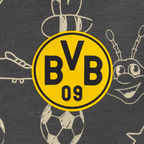 BVBのプリント、黒と黄色のBVBロゴ、サッカーのモチーフが入ったダークグレーのベビーボディスーツのクローズアップ写真。