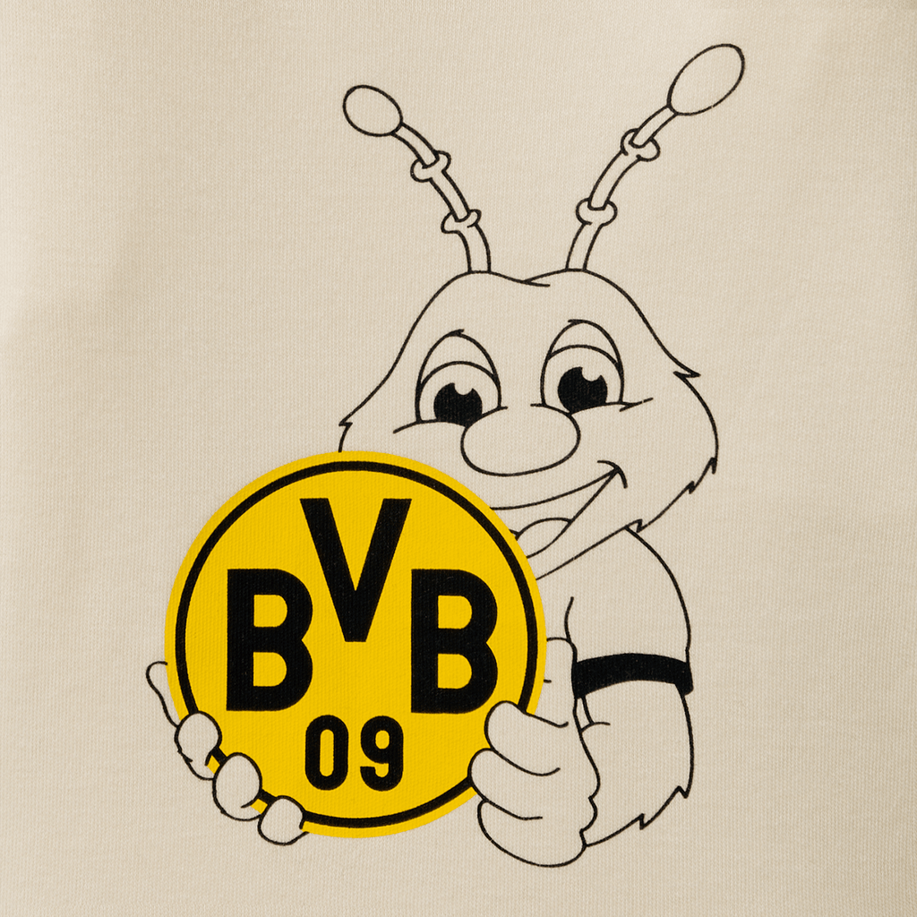 ボルシア・ドルトムントのベビーボディスーツセット。BVBのロゴとEMMAのモチーフが、黒と黄色の配色で施されています。