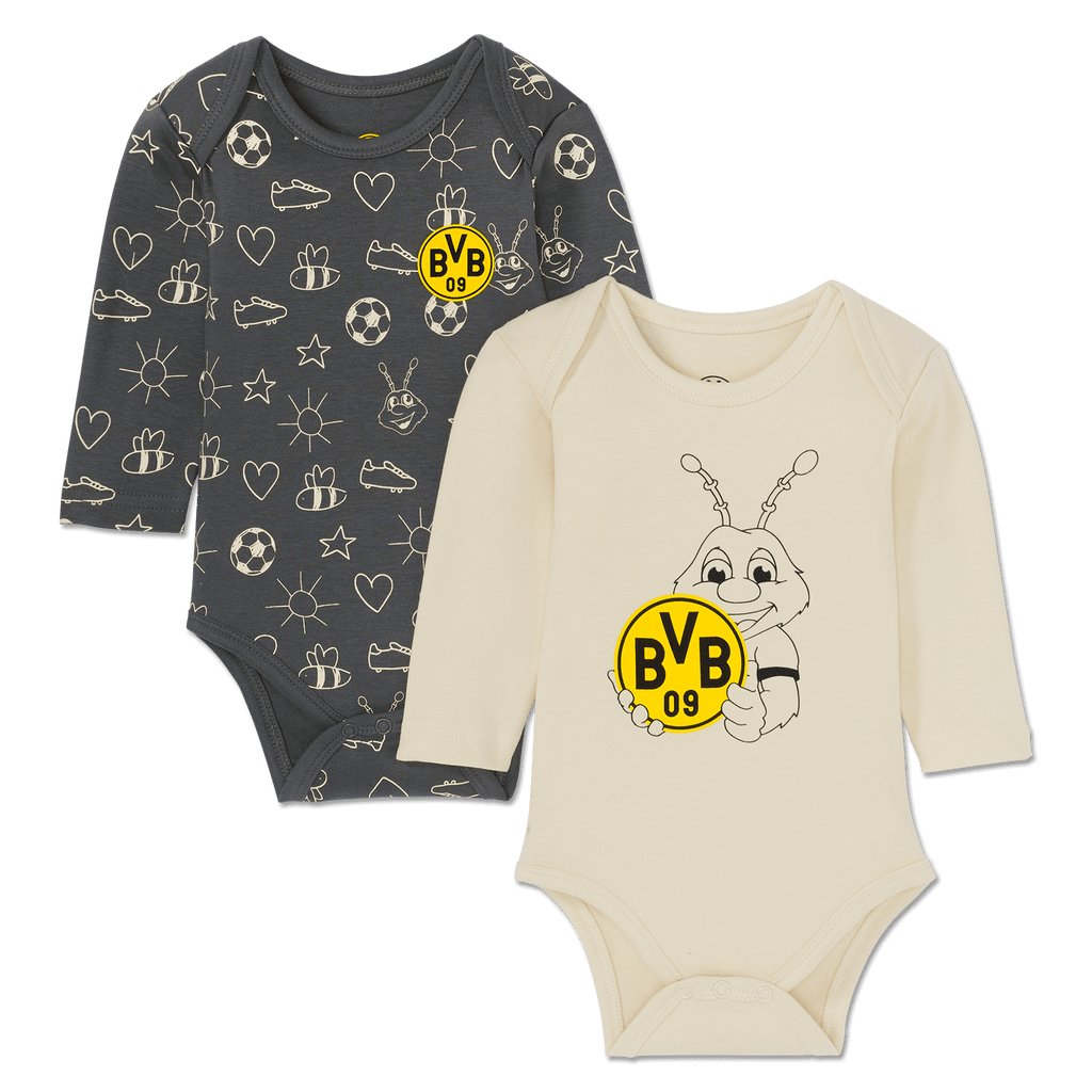 BVBベビーボディスーツセット。長袖ボディスーツ2枚セットで、1枚はBVBのロゴとBVBエマのイラストが入った無地の黄色、もう1枚はBVBのロゴとサッカーボールやミツバチのモチーフが入った黒のデザインで、いずれも前面にプリントされています。小さなBVBファンに最適です。