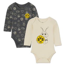 BVB Baby Bodysuit Set consisting of two long-sleeved bodysuits: one in a solid yellow design featuring the BVB logo and an image of BVB Emma, and one in a black design featuring the BVB logo along with soccer and bee motifs, each on the front. Ideal for young BVB fans.
