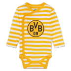 Body per neonati a maniche lunghe con motivo a righe nere e gialle, logo BVB 09 sul petto e pratica chiusura con bottoni a pressione.