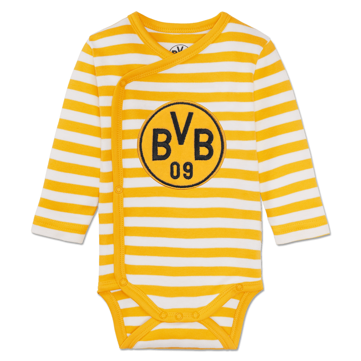 Langarm-Babybody mit schwarzgelbem Streifenmuster, BVB 09-Logo auf der Brust und praktischer Druckknopfleiste.