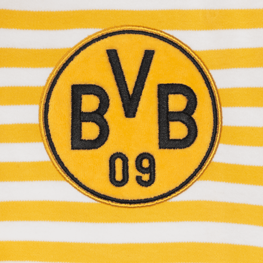 Stilvolles BVB-Baby-Set mit gelben und weißen Streifen sowie einem aufgestickten, schwarzen BVB-Logo auf der Brust.