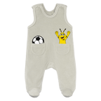 Hellgrauer BVB Baby-Strampler mit EMMA- und Fußball-Motiv auf den Taschen, ideal für kleine Borussia Dortmund Fans.
