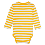 Langärmliger BVB-Babybody in gelb-weißem Streifenmuster, Rückansicht.