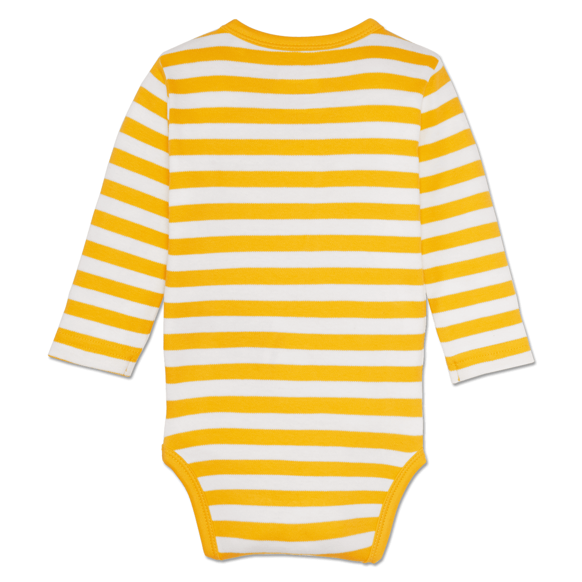 Langärmliger BVB-Babybody in gelb-weißem Streifenmuster, Rückansicht.