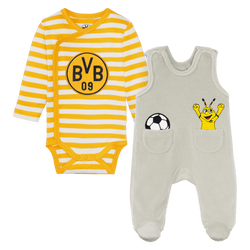 Set per neonati del Borussia Dortmund composto da un body a maniche lunghe a righe gialle e bianche con il logo BVB 09 e da una tutina grigia con applicazioni raffiguranti un pallone da calcio e EMMA.