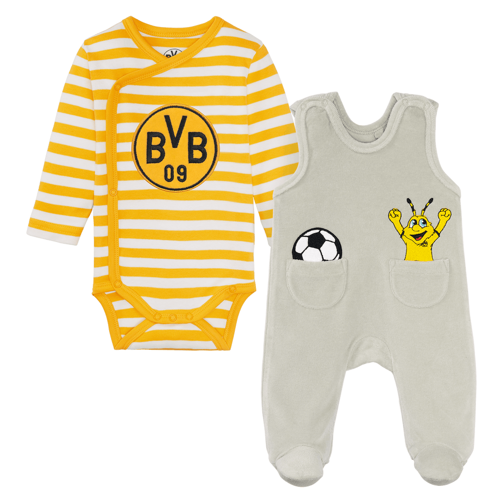Set per neonati del Borussia Dortmund composto da un body a maniche lunghe a righe gialle e bianche con il logo BVB 09 e da una tutina grigia con applicazioni raffiguranti un pallone da calcio e EMMA.