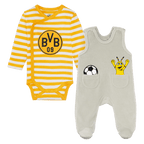Set per neonati del Borussia Dortmund composto da un body a maniche lunghe a righe gialle e bianche con il logo BVB 09 e da una tutina grigia con applicazioni raffiguranti un pallone da calcio e EMMA.