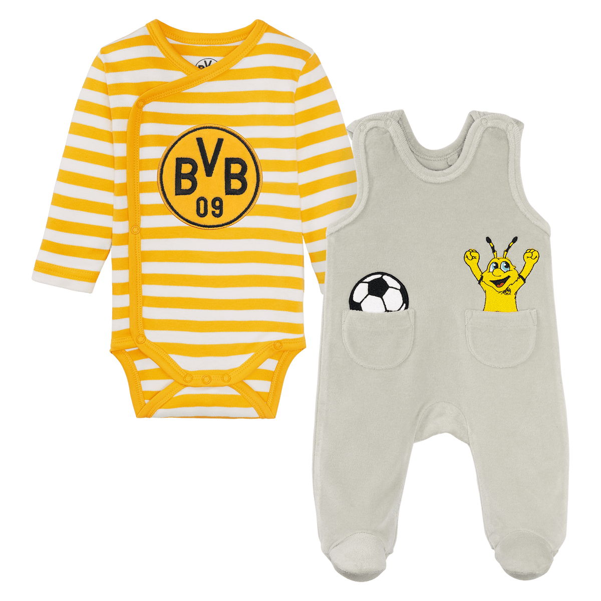 Baby-Set von Borussia Dortmund bestehend aus einem gelb-weiß gestreiften Langarm-Body mit BVB 09 Logo und einem grauen Strampler mit Fußball- und EMMA-Applikation.