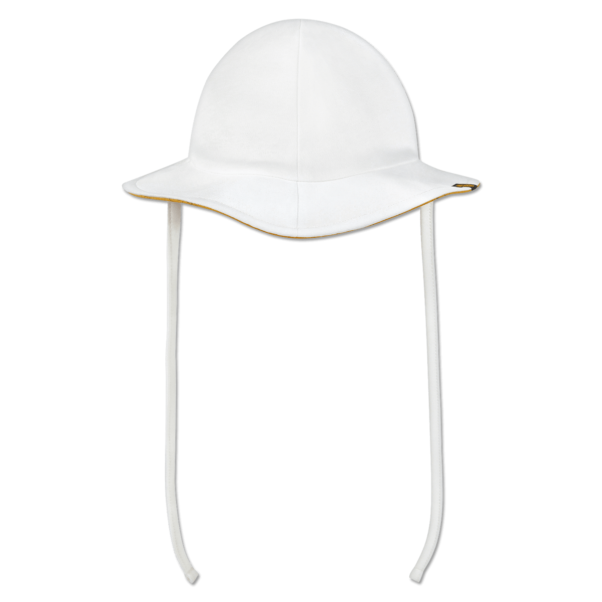 Cappellino bianco del BVB per neonati con bordo giallo e comodi lacci, ideale come protezione dal sole e accessorio da tifoso.
