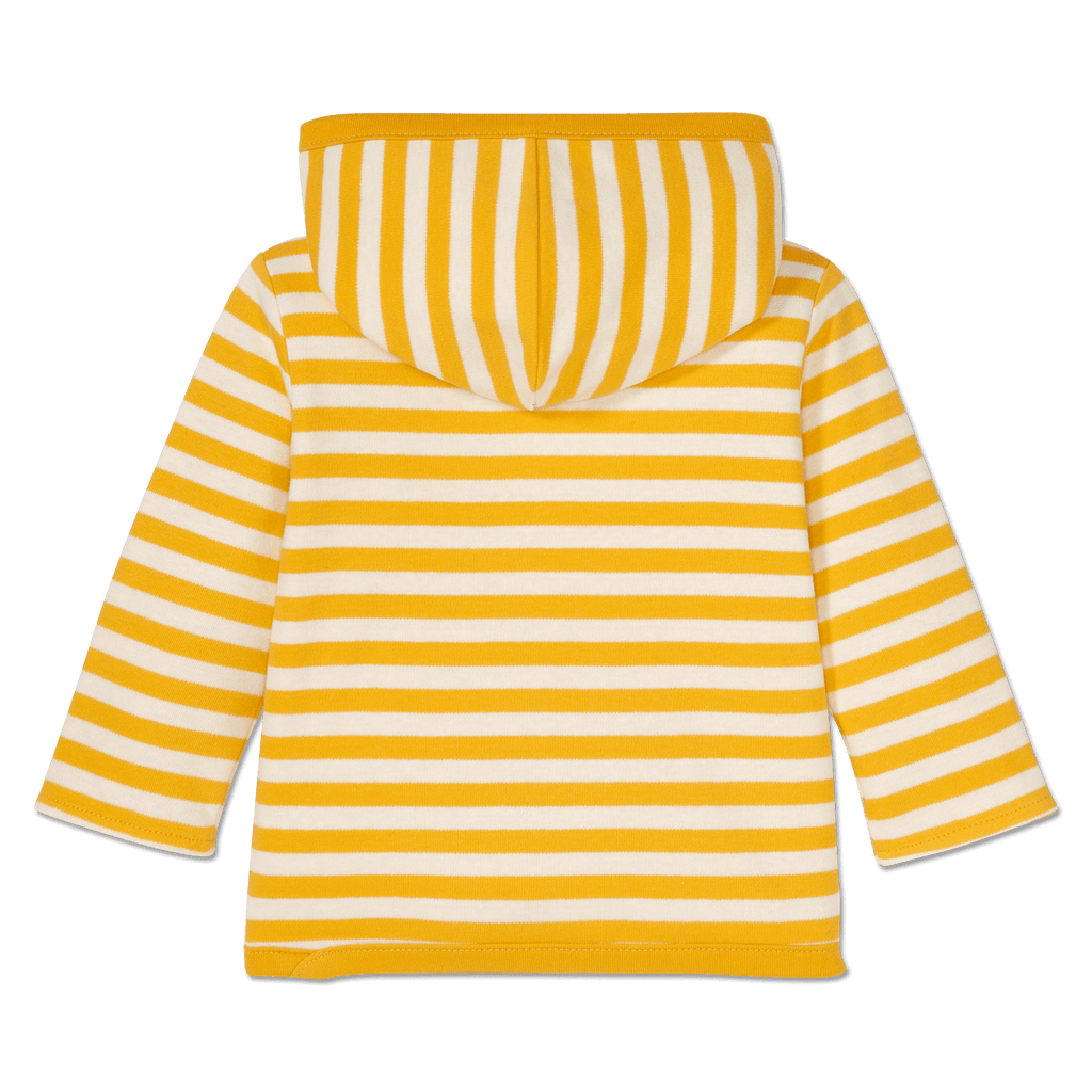 Veste réversible du BVB pour bébés et jeunes enfants, à rayures jaunes et blanches, avec capuche. Vue de dos.