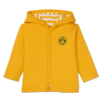 Veste réversible BVB pour bébés et jeunes enfants, en matière douce, avec un devant jaune orné du logo BVB et une doublure rayée, idéale pour les petits fans du Borussia Dortmund.