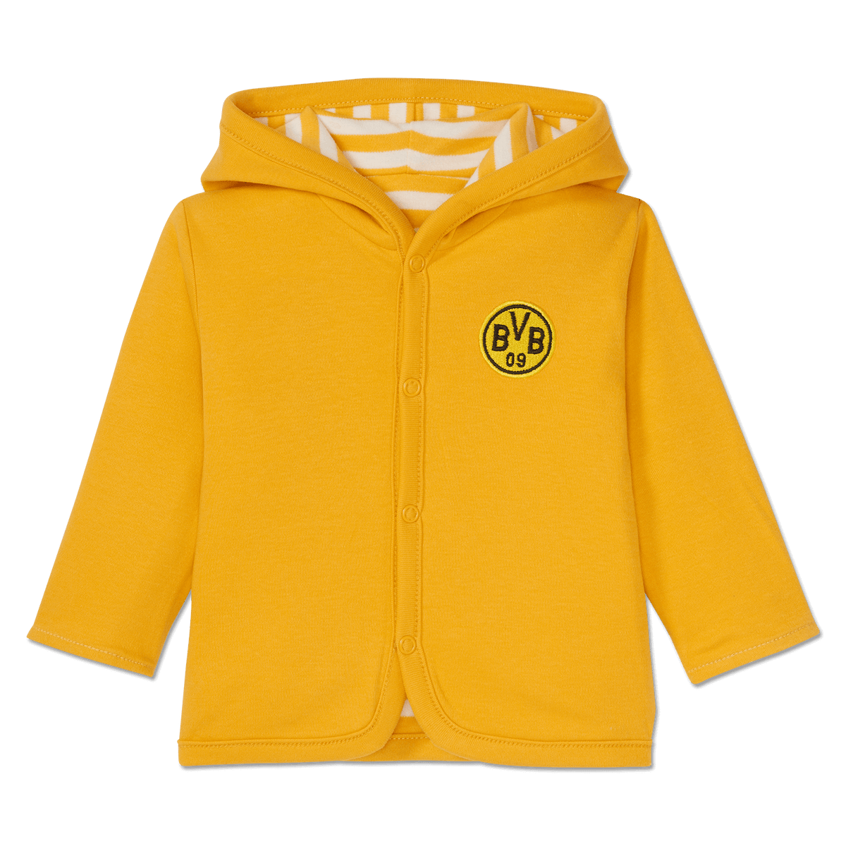 Veste réversible BVB pour bébés et jeunes enfants, en matière douce, avec un devant jaune orné du logo BVB et une doublure rayée, idéale pour les petits fans du Borussia Dortmund.