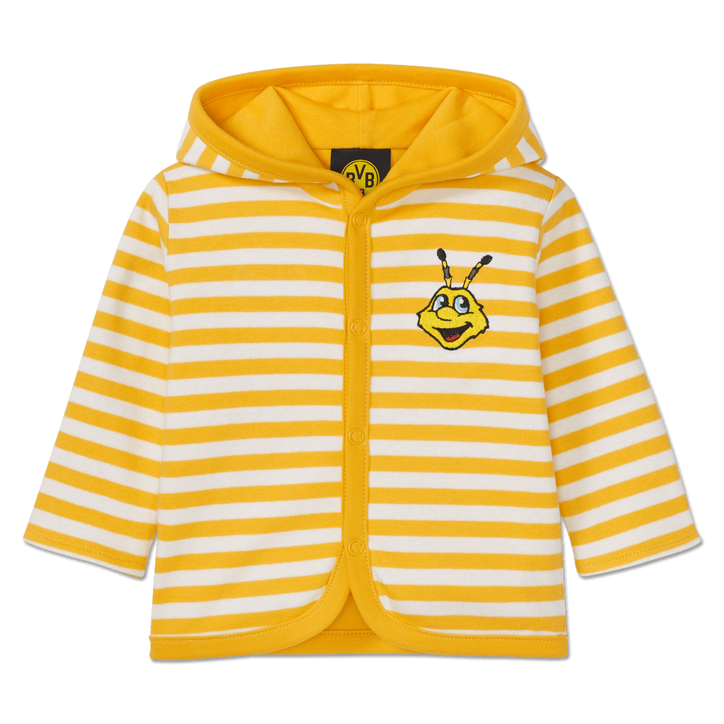 Veste réversible du BVB pour bébés et jeunes enfants, à rayures jaunes et blanches, avec capuche, application brodée « EMMA » et logo du BVB à l'intérieur.