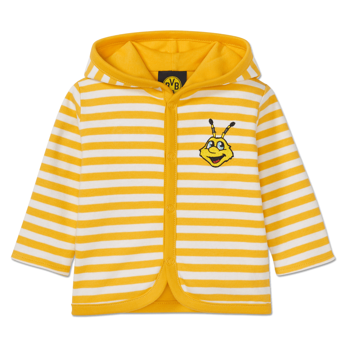 BVB Wendejacke für Babys und Kleinkinder in gelb-weißem Streifenmuster mit Kapuze und gestickter EMMA-Applikation sowie BVB-Logo innen.