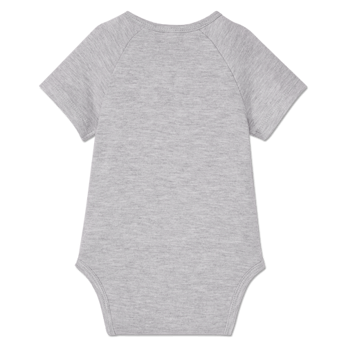 Grauer Baby-Body mit kurzen Ärmeln in schlichter Rückansicht. Ideal für kleine Borussia Dortmund Fans.