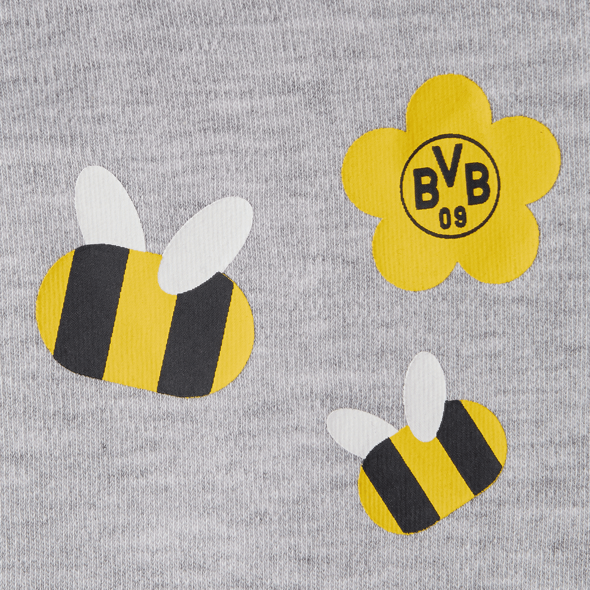 Body gris para bebé del BVB con un diseño de abejas en negro y amarillo y el logotipo del BVB dentro de una flor amarilla. Producto oficial del Borussia Dortmund.