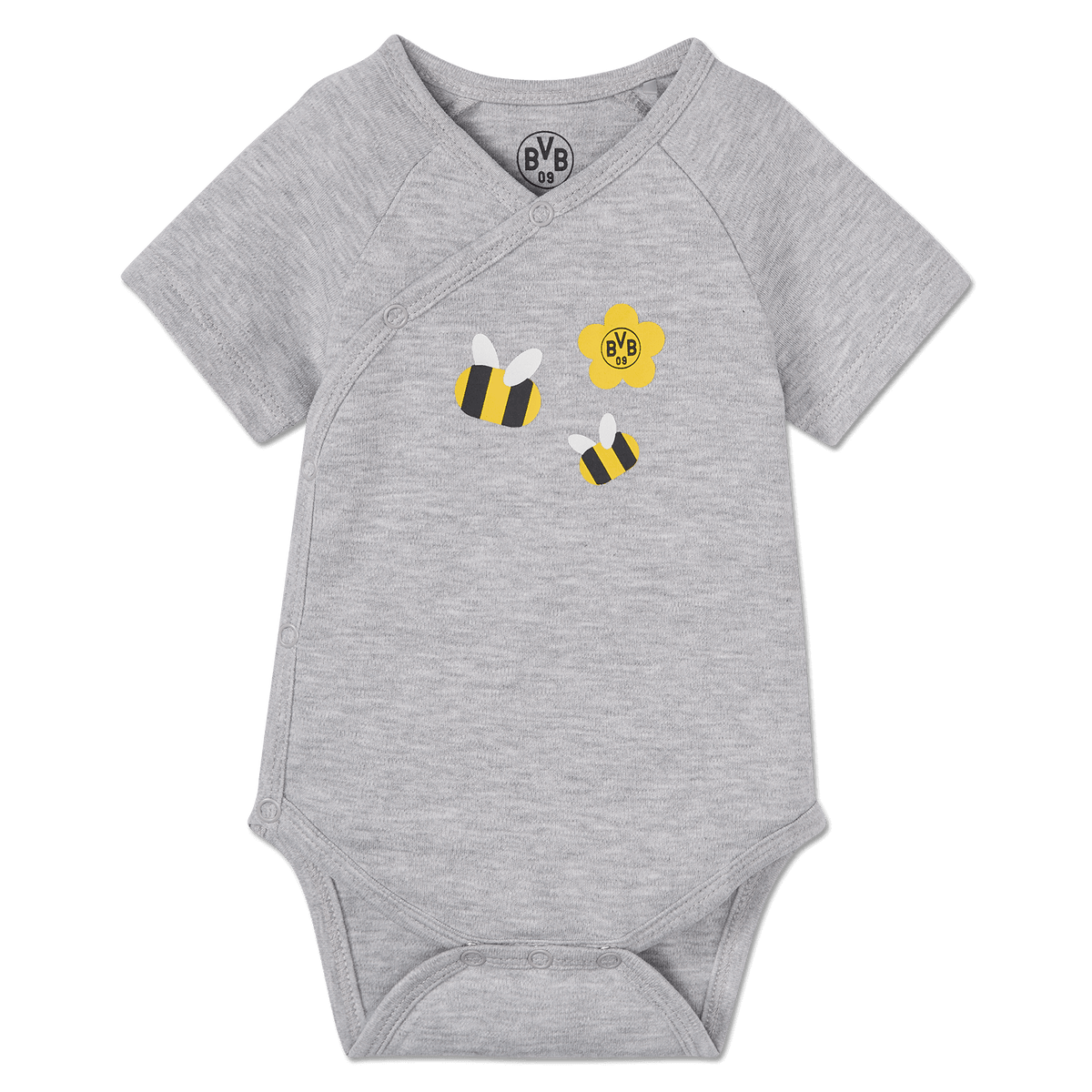 Grauer Baby-Body von Borussia Dortmund mit kurzen Ärmeln, verziert mit zwei schwarzgelben Bienen und einer gelben Blume mit BVB-Logo, ideal für kleine Fans.