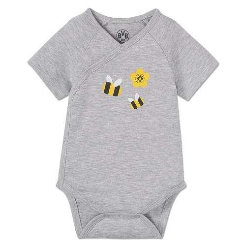 Grauer Baby-Body von Borussia Dortmund mit kurzen Ärmeln, verziert mit zwei schwarzgelben Bienen und einer gelben Blume mit BVB-Logo, ideal für kleine Fans.