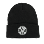 Schwarze Beanie-Mütze mit reflektierendem BVB-09-Logo, ideal für BVB-Fans und Kinder.